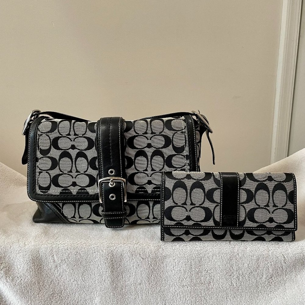 Coach Grey Signature Canvas Black Patent Leather Handbag and Matching Wallet